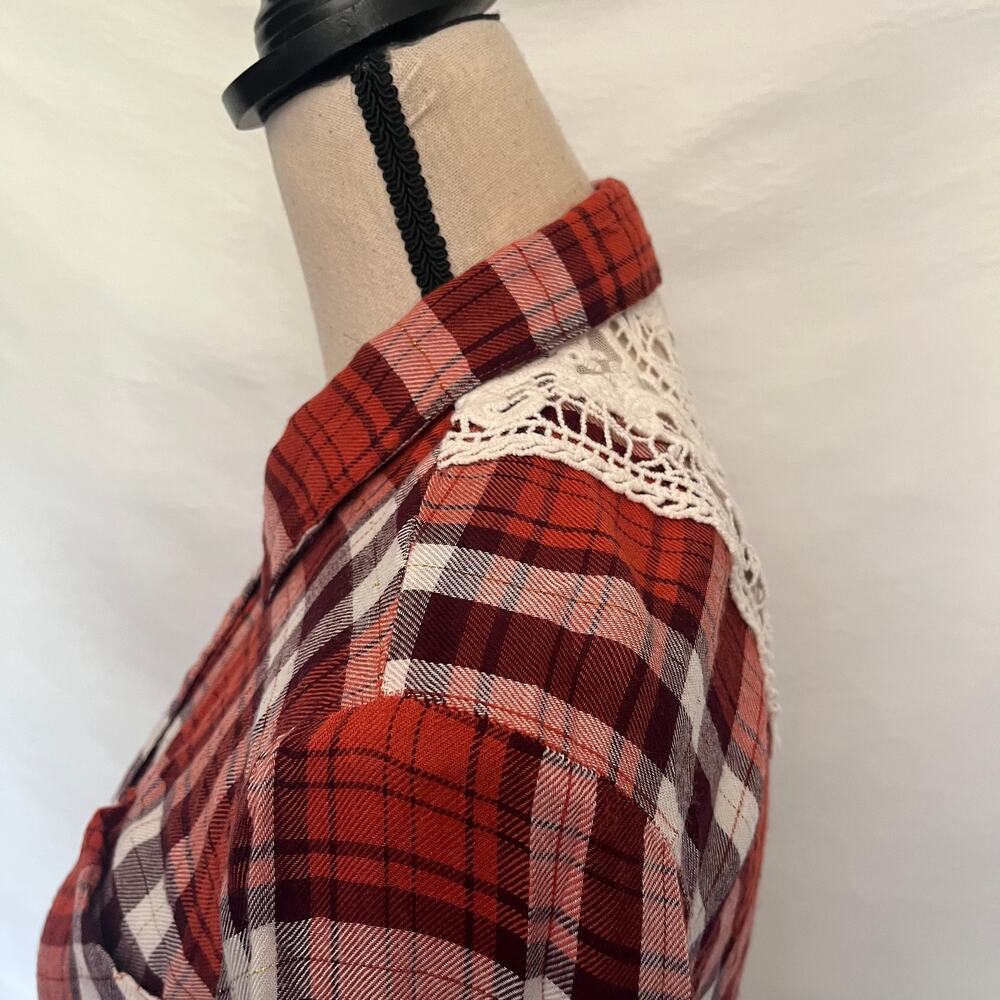 Linda Anderson Crochet Back Plaid Womens Shirt Sz S Boho Western Indie Grunge - Picture 9 of 15